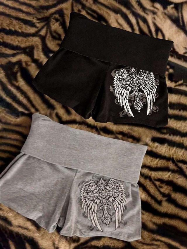 grey vintage textured wing and cross print shorts