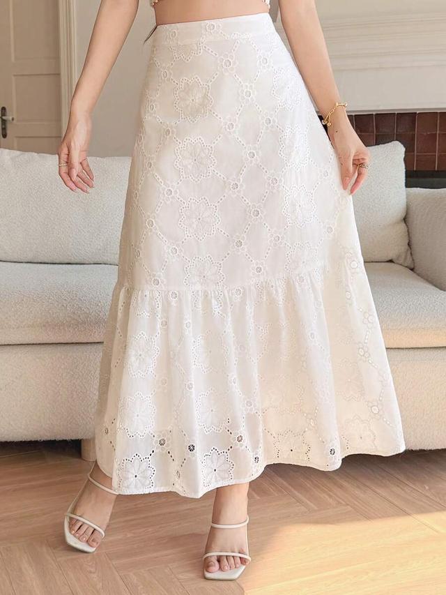 white floral eyelet lace midi skirt