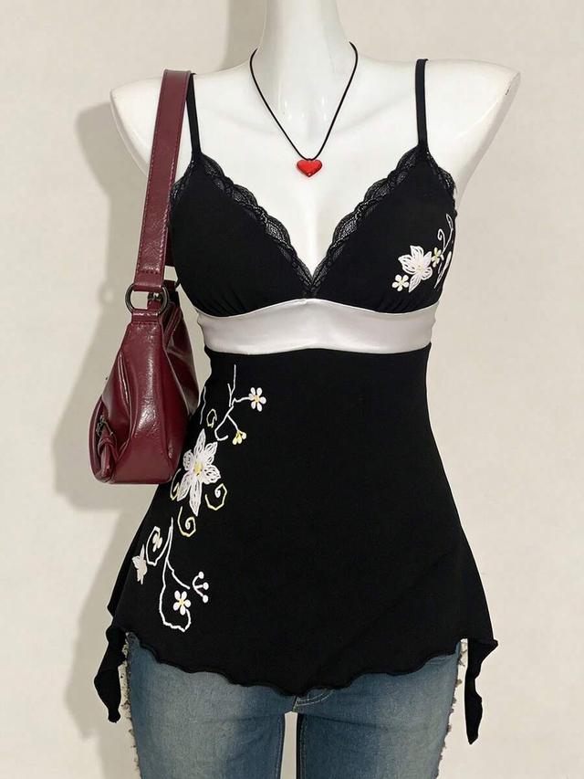 black vintage lace patchwork camisole with floral embroidery