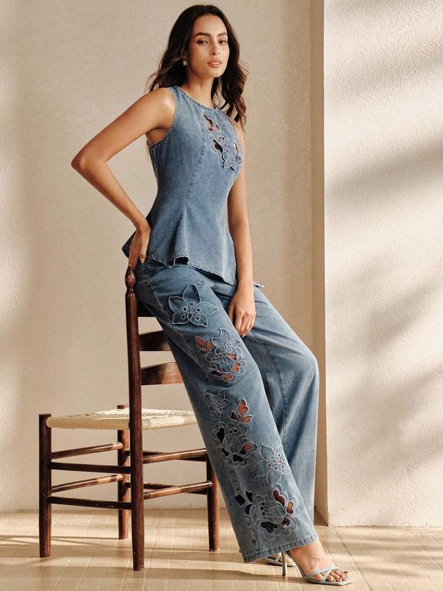blue denim embroidered hollow-out peplum top