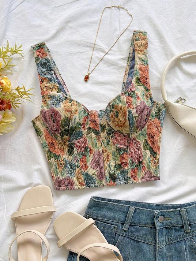 floral jacquard sleeveless cropped corset top