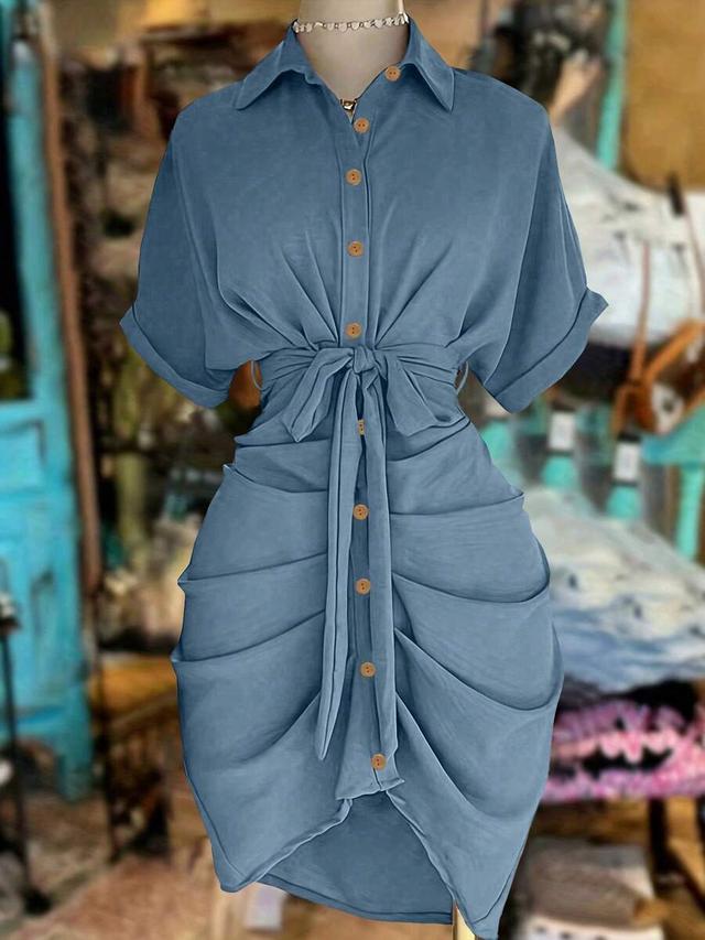 solid blue knotted pleated casual shirt dress