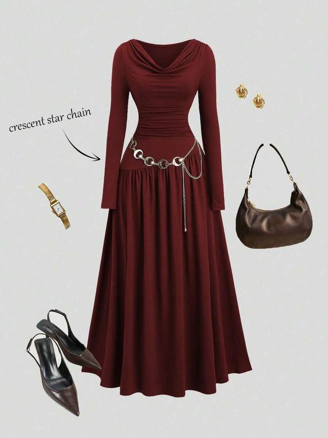 coffee color long sleeve draped elegant dress