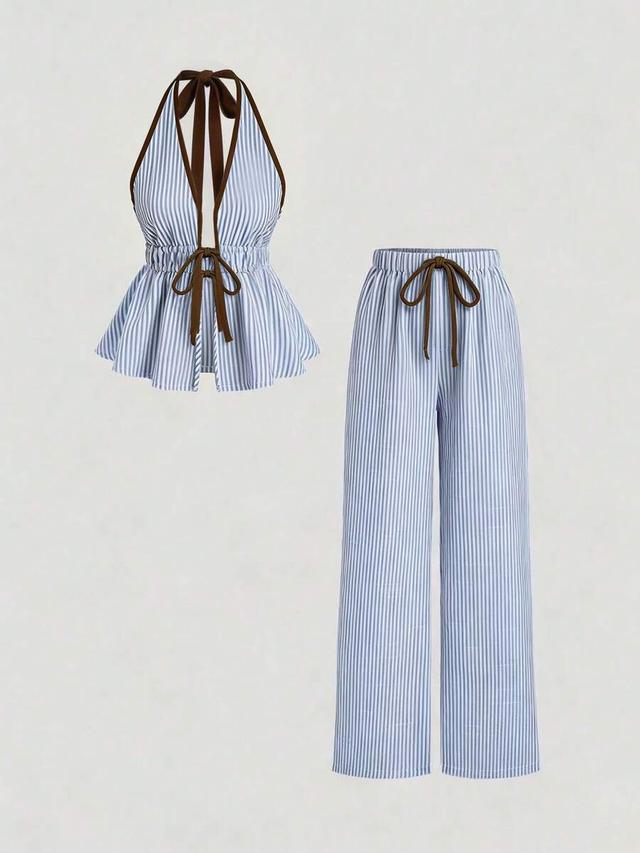 casual vacation striped tie-up two piece set