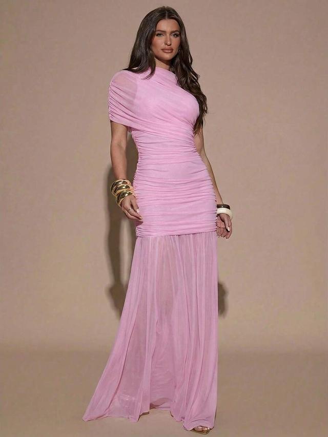 pink ruched bodycon maxi dress with sheer overlay