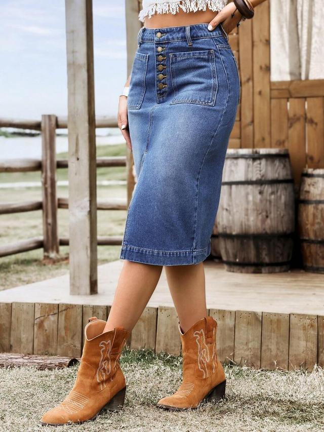 solid color button front denim midi skirt