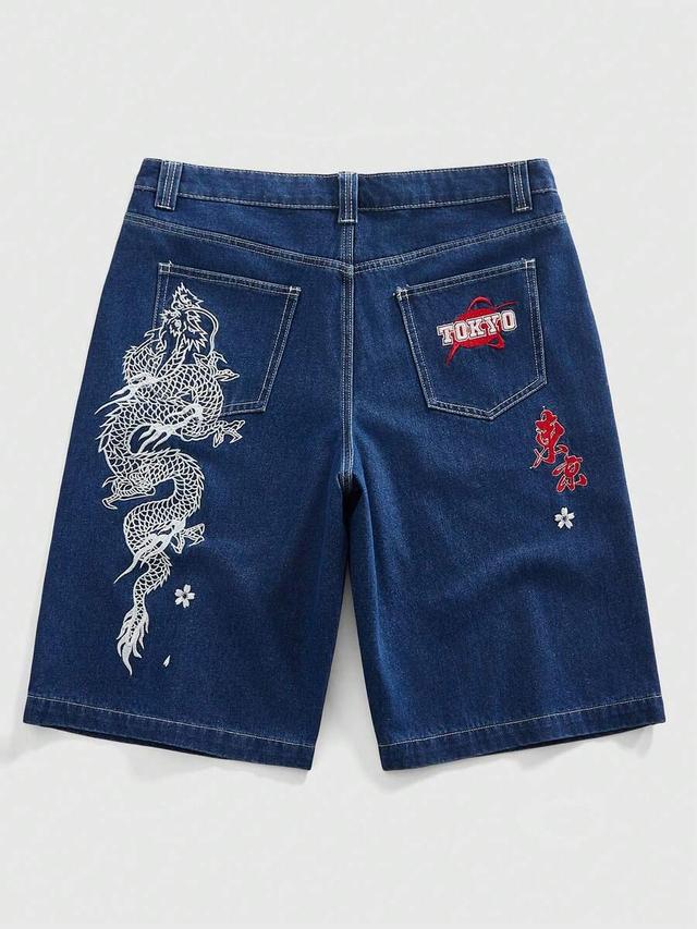 embroidered dragon graphic denim shorts