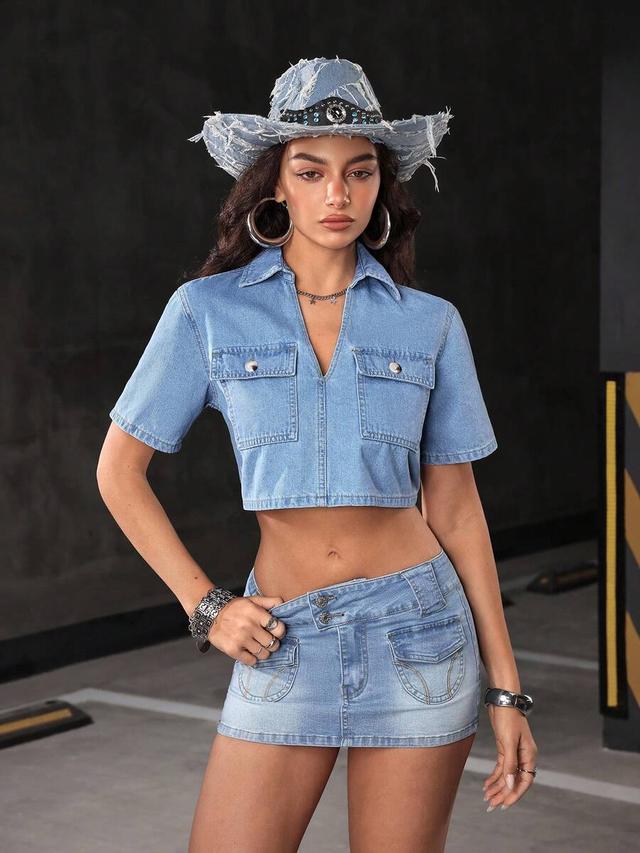light wash denim cropped utility shirt