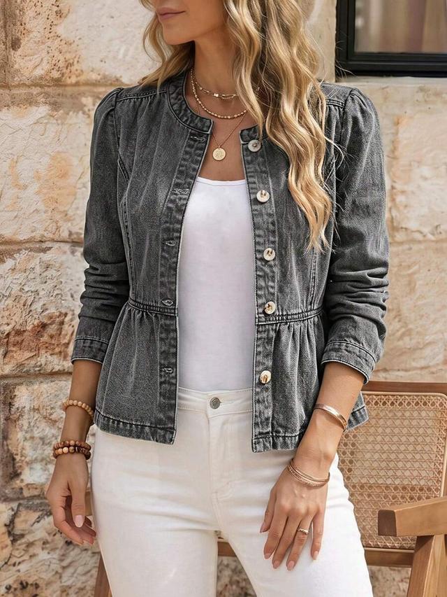 grey washed denim peplum jacket with puff sleeves