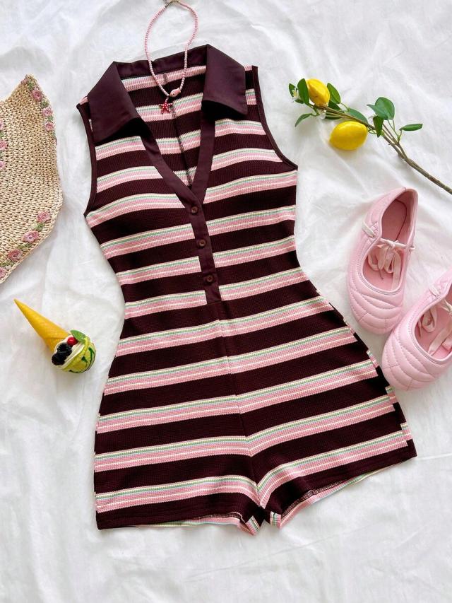 striped colorblock vacation playsuit with polo collar