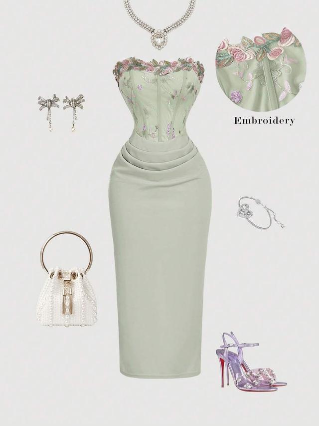 floral embroidered ruched corset mid-length dress