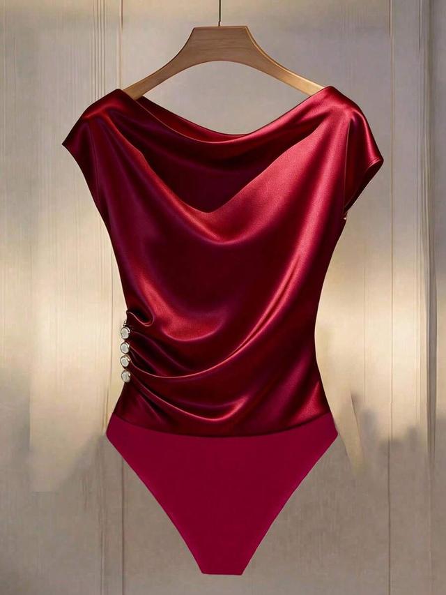 burgundy satin cowl neck bodysuit with decorative buttons