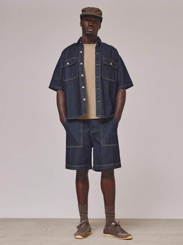 oversized short sleeve contrast stitch denim shirt