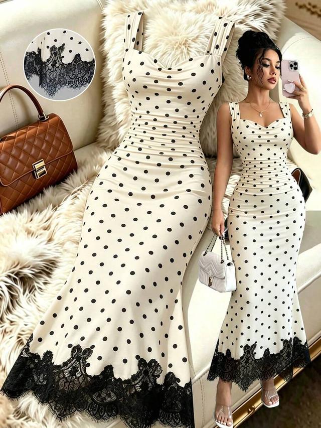 polka dot lace trim ruffle neckline bodycon dress