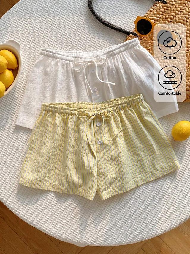 yellow stripes striped casual cotton waist tie shorts