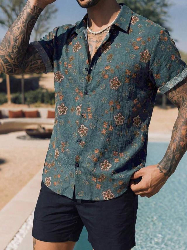 men's retro tropical floral print linen-like short sleeve shirt