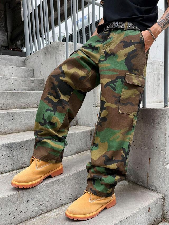 camouflage multi-pocket workwear denim cargo pants
