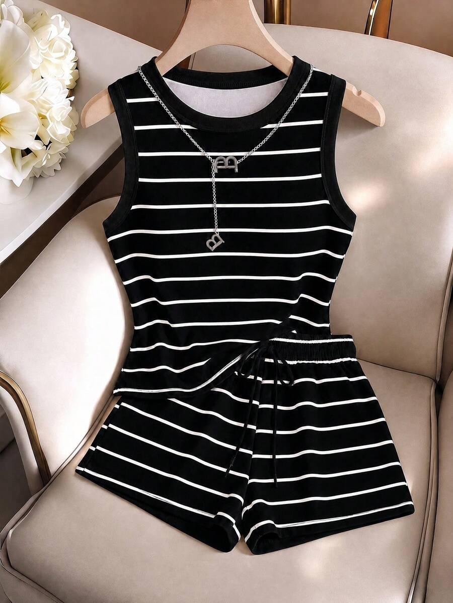 striped contrast round neck tank top and drawstring shorts