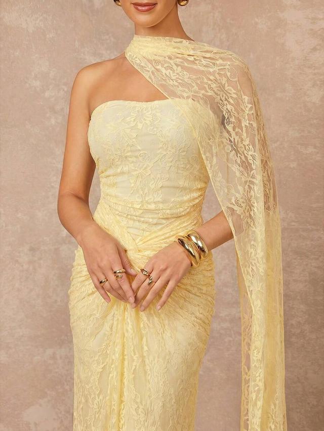 pale yellow lace halterneck ruched bodycon evening gown