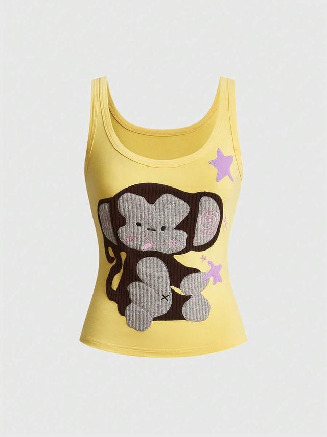 yellow cotton tank top with elephant applique embroidery