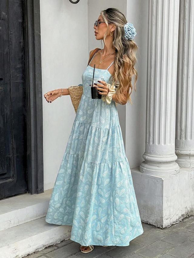 light blue cashew embroidery ruffle hem slip dress