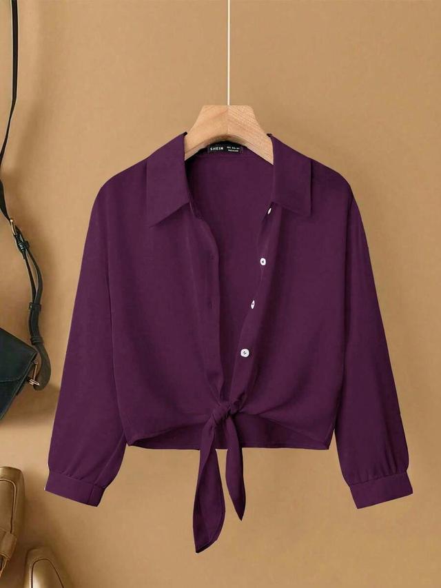 purple woven turndown collar long sleeve tie-front blouse