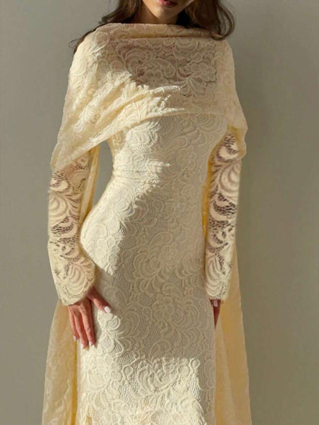 apricot lace long sleeve fishtail dress with tie