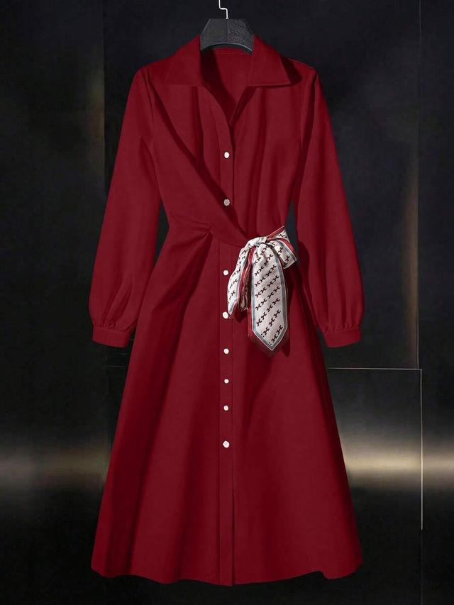 solid red scarf patchwork shirt dress