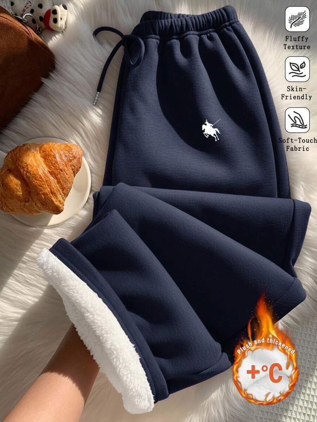 navy pony print thermal lined drawstring sweatpants