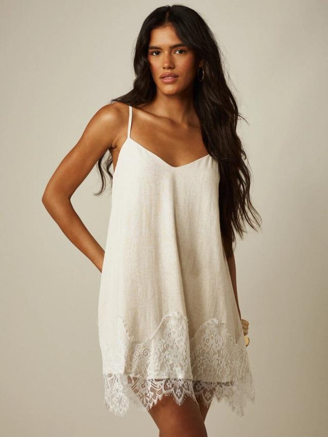 beige linen blend camisole dress with lace hem