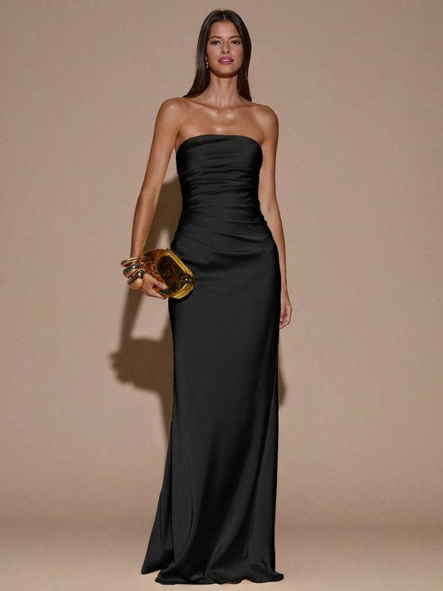elegant black strapless ruched satin formal gown