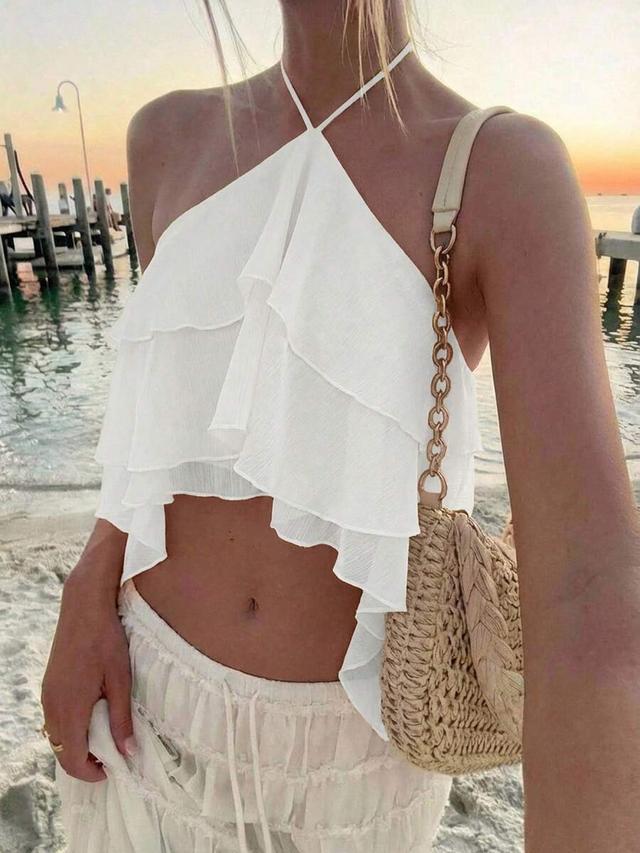 white solid color minimalist halter backless ruffled top