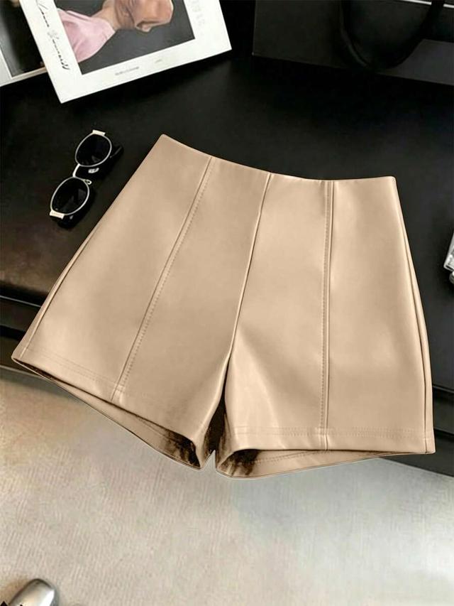 beige pu leather cinched waist shorts