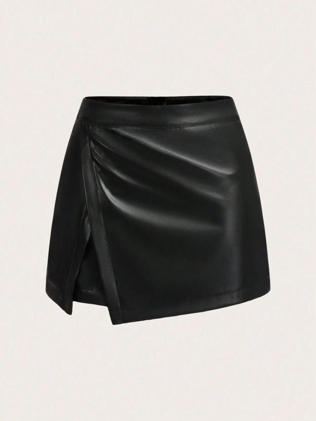 black high-waisted slimming pu leather skirt shorts