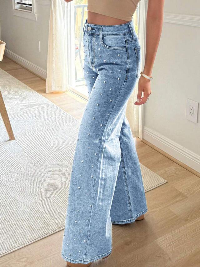 light wash wide leg pearl embellished denim jeans