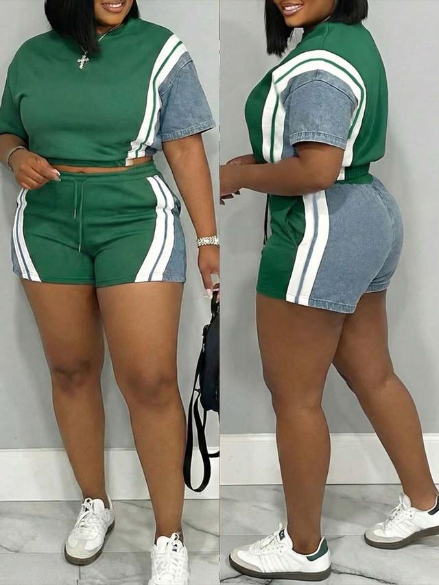 green and denim colorblock crop top and shorts set