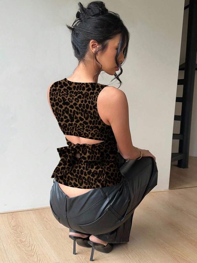 aloruh women's backless vintage leopard print bow blouse