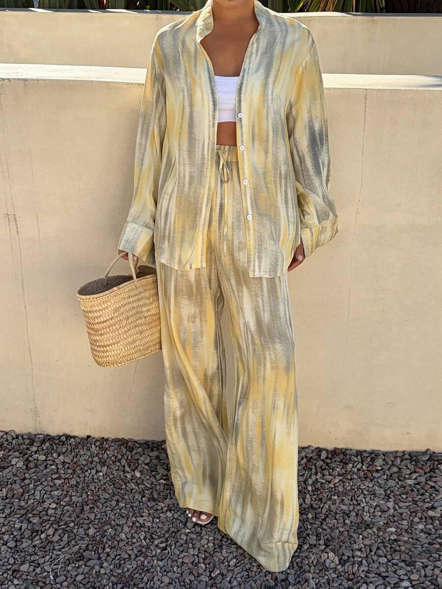 yellow and grey tie-dye relaxed shirt and trousers set
