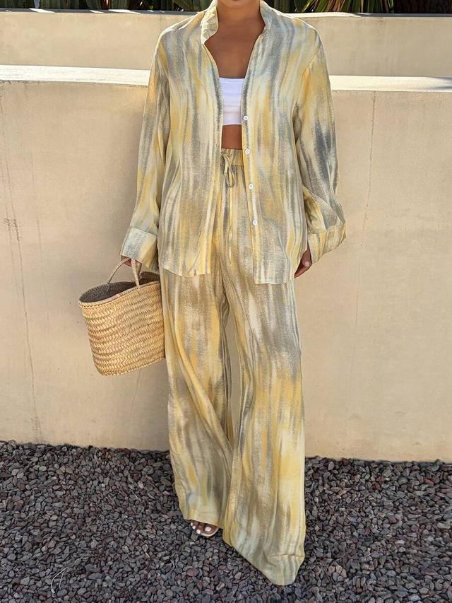 yellow and grey tie-dye relaxed shirt and trousers set