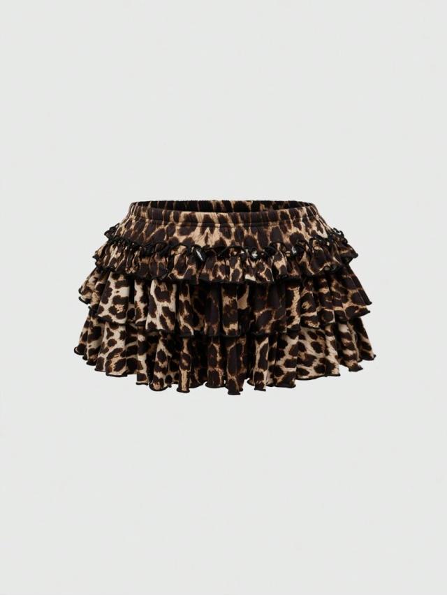leopard print ruffled high waist mini skirt
