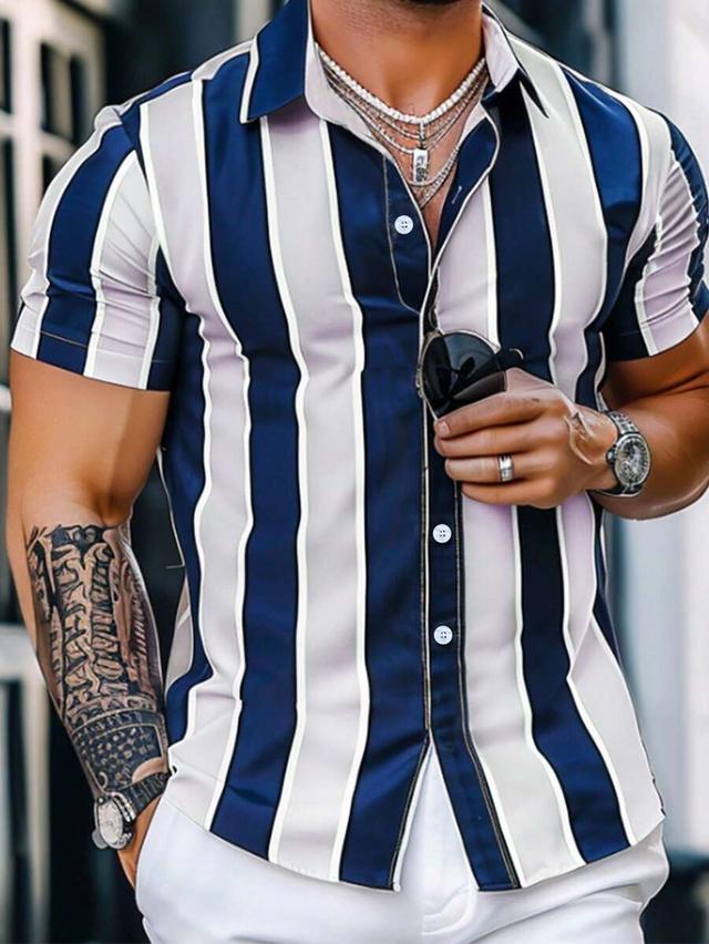 men's short sleeve striped casual button down shirt