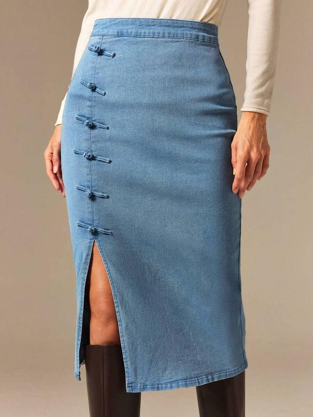 light blue denim midi skirt with frog button closure
