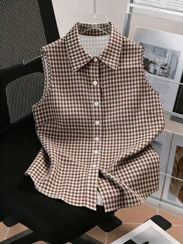 brown plaid sleeveless button-up summer blouse