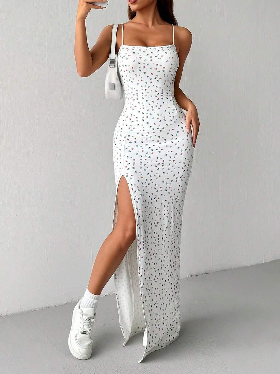 white ditsy floral cami maxi dress with side split