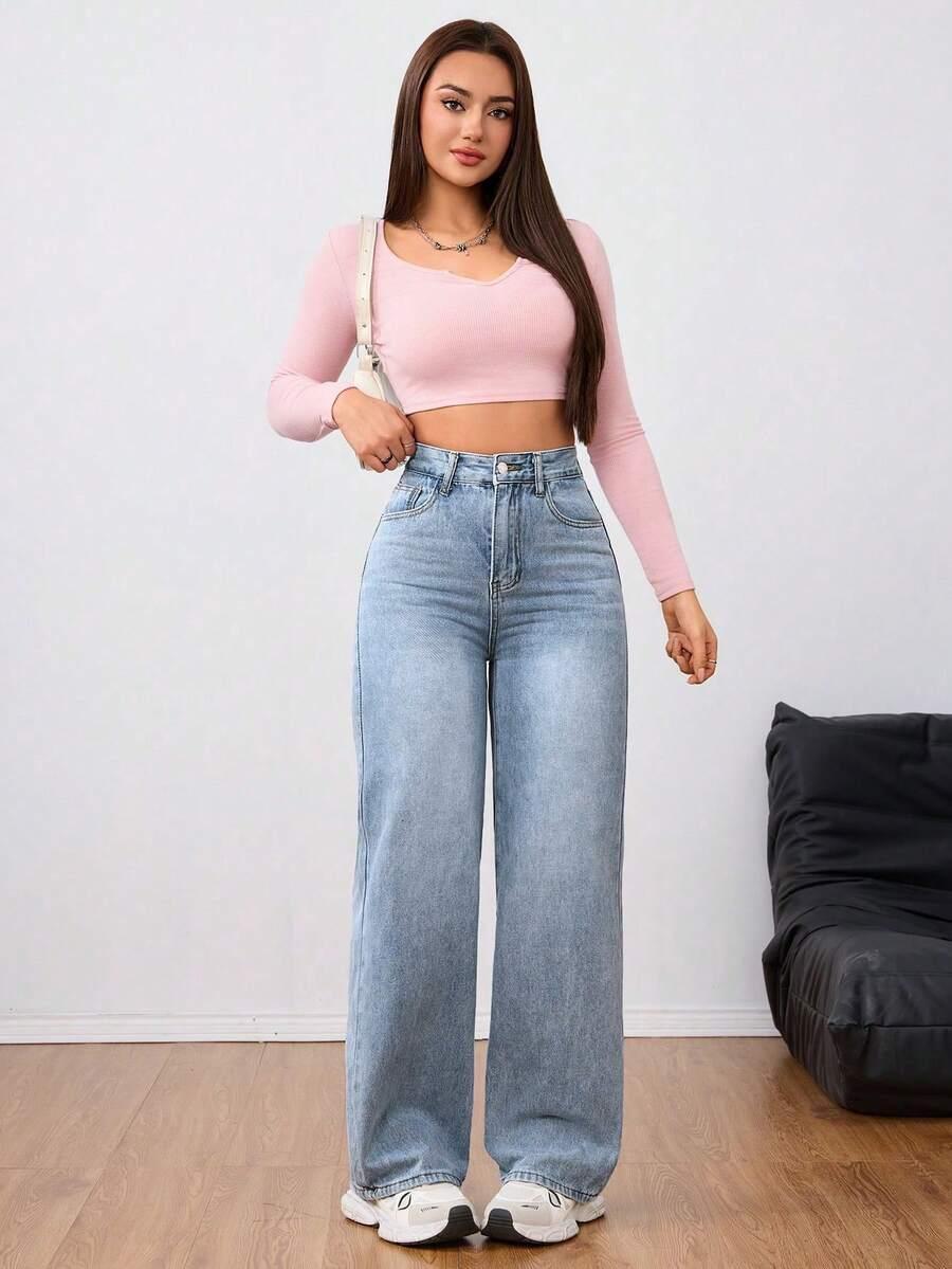 women's straight loose casual aqua blue denim jeans
