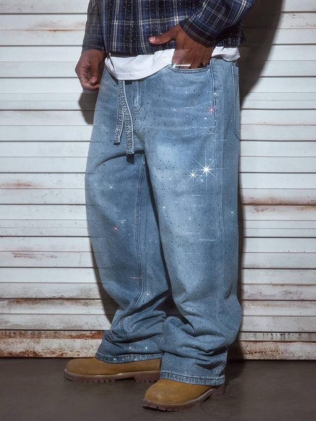 light blue relaxed fit straight leg rhinestone jeans