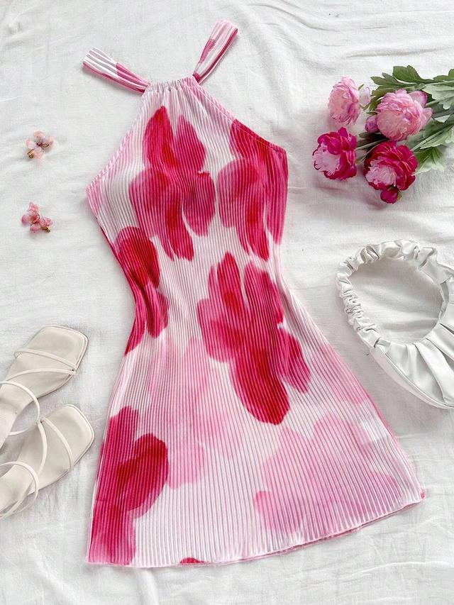 soleia floral print pleated halter mini dress