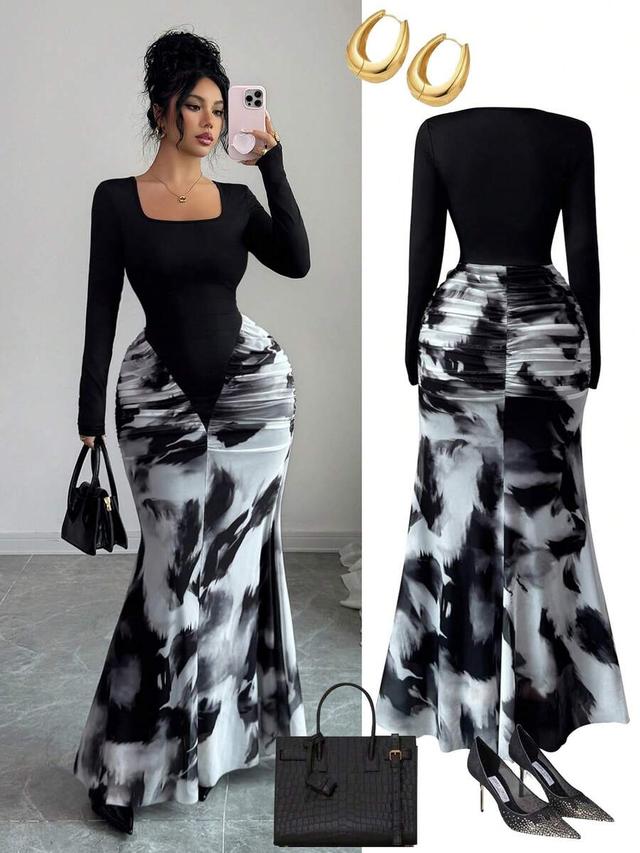 square neck long sleeve color block pleated party dress