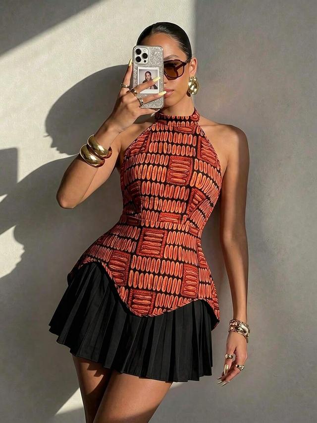printed halter top and pleated skirt set