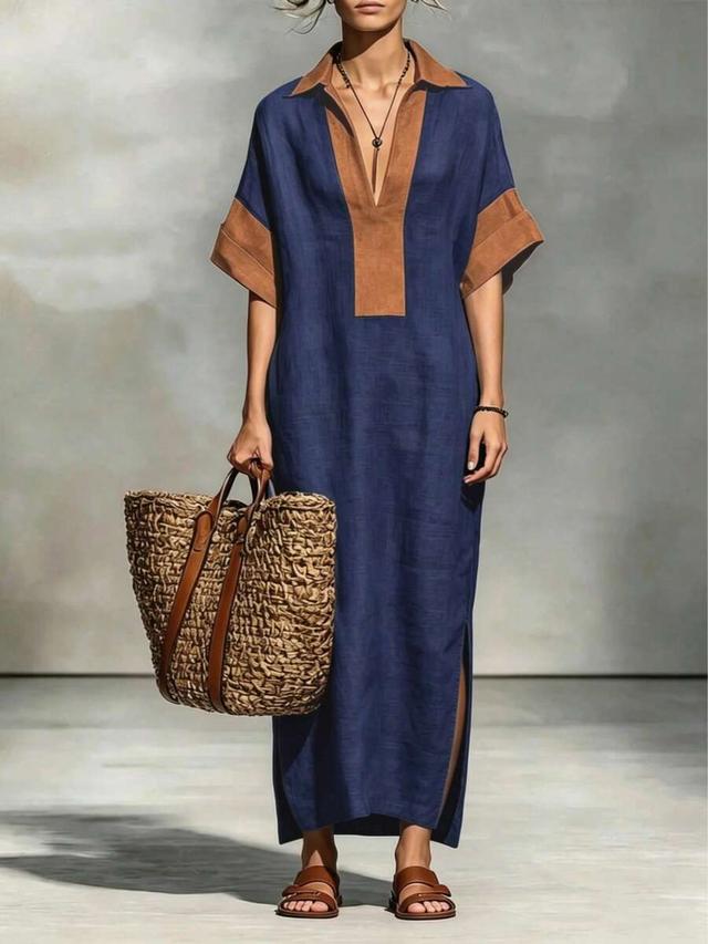 women's french casual linen color block v-neck dress